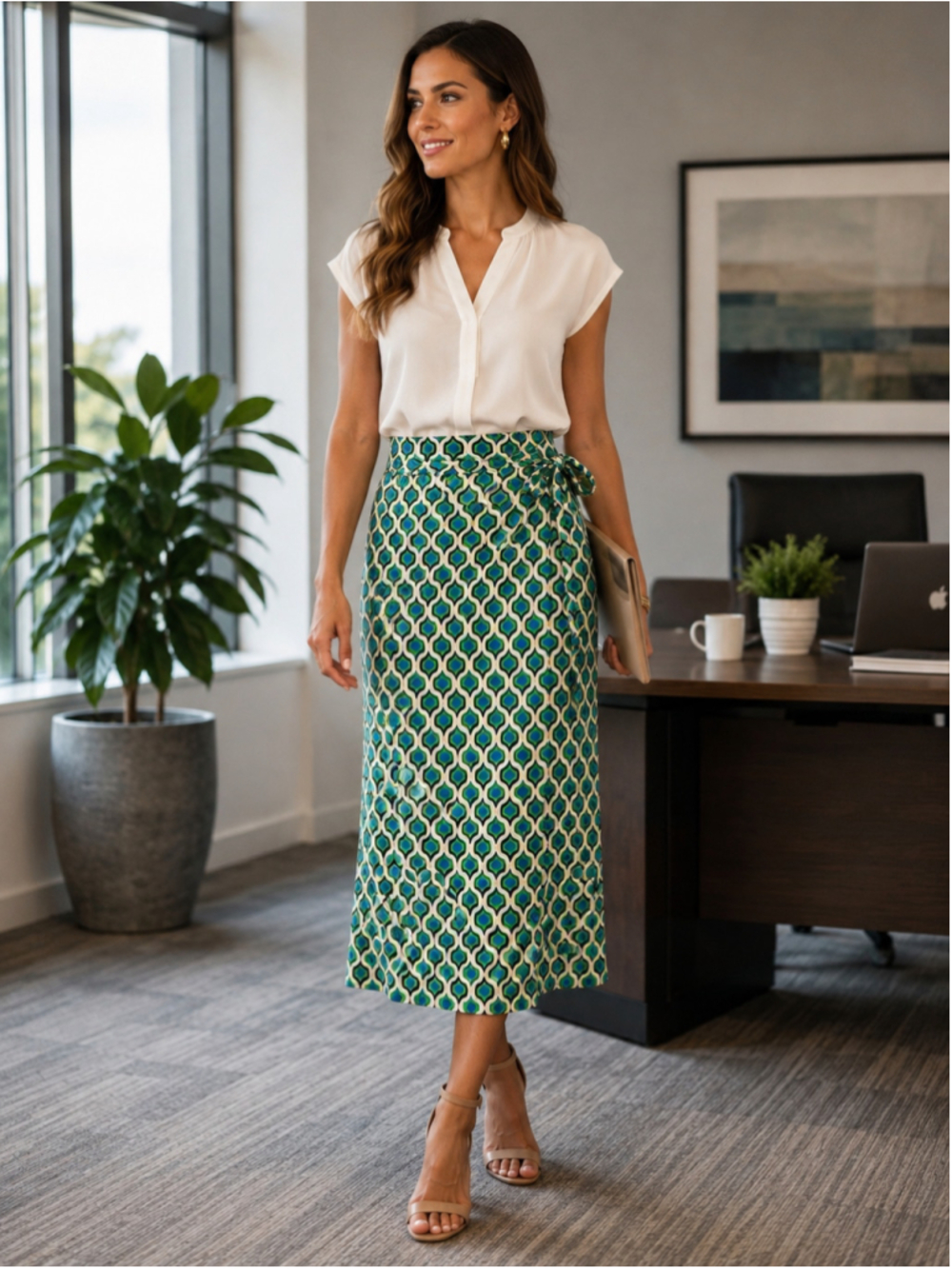 Joie Geometric Print Faux Wrap Midi Skirt M Blue Green Side Tie Retro